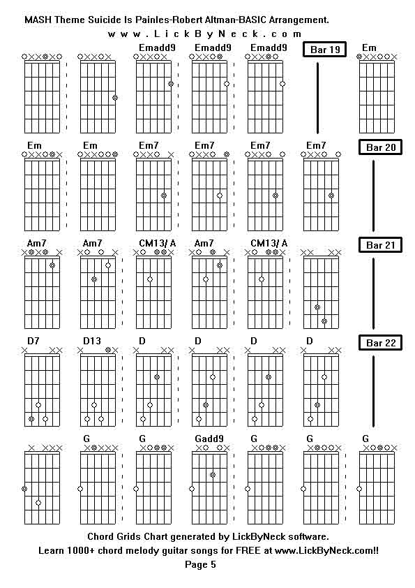 Chord Grids Chart of chord melody fingerstyle guitar song-MASH Theme Suicide Is Painles-Robert Altman-BASIC Arrangement,generated by LickByNeck software.